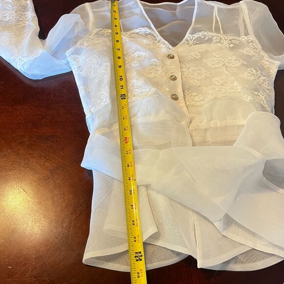 Sheer White Lace Button-Front Top Belted Waist & Long Sleeves Alex Evenings - Picture 14 of 15